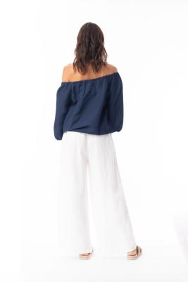 Navy Linen Gather Neck Top