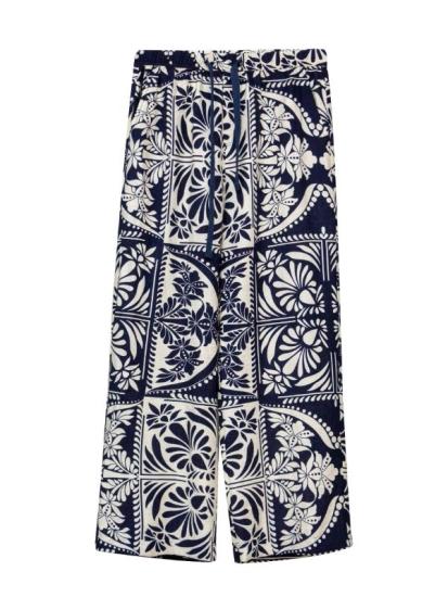 Navy and Cream Print Soft Crepe Pants