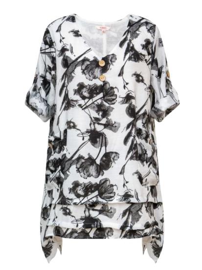 White and Black Floral Print Tunic Top