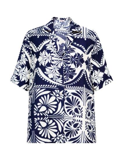 Navy and Cream Soft Crepe Print S/S Shirt