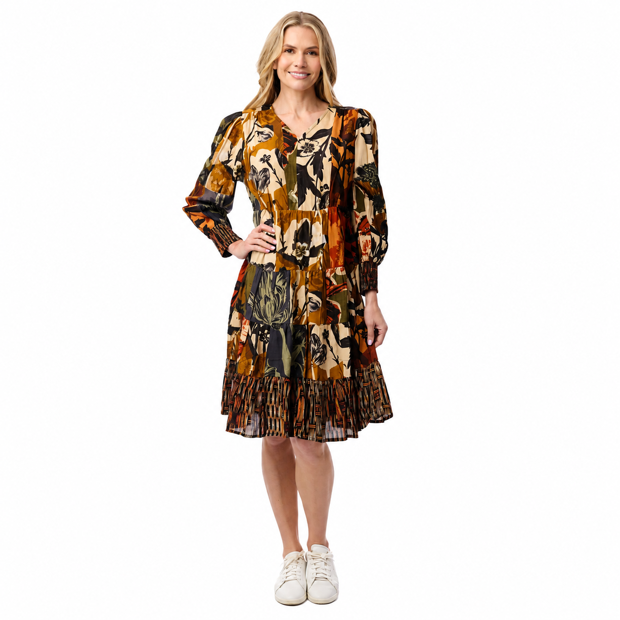 Tagombaw Dagomba Midi Dress – Floral Rayon Long Sleeve Tiered Dress | Orientique
