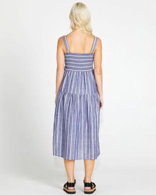 Lydia Shirred Back Midi Dress Navy Stripe
