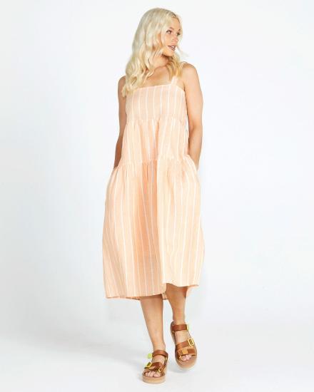 Lydia Peach Stripe Shirred Back Midi Dress