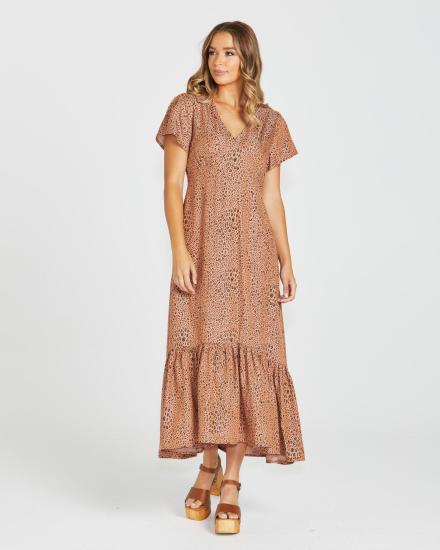 Davie Sandy Tan Animal Print Maxi Dress