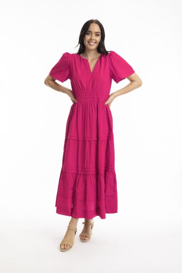 Hot Pink Poplin Maxi Ruched Waist Dress