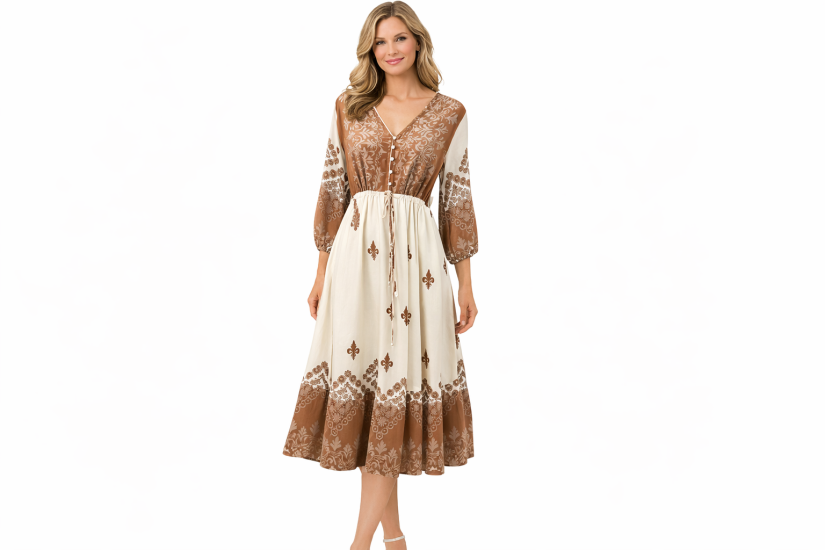 Printed Tie-Waist Washed Cotton Dress