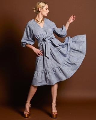 Landslide Raglan Blue Texture Tiered Midi Dress