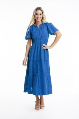 Electric Blue Poplin Maxi Ruched Waist Dress