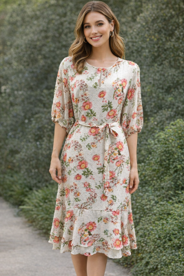 Apricot Floral Frill Hem Dress