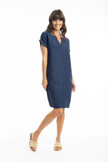 Navy Linen Cap Sleeve Shift Dress