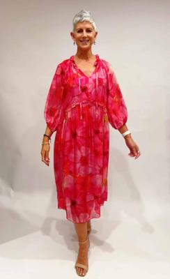 Multi Fuxia Floral Frilled Collar Tie Neck Dress