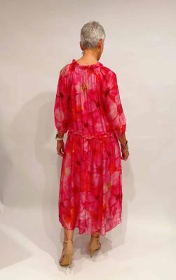 Multi Fuxia Floral Frilled Collar Tie Neck Dress