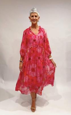 Multi Fuxia Floral Frilled Collar Tie Neck Dress