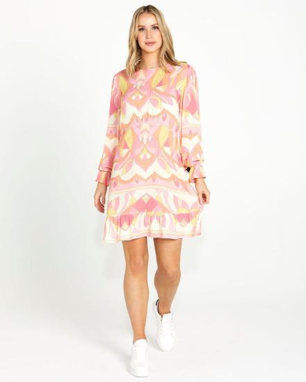 Sass Vivienne Pink Geo Frilled Hem Mini Dress