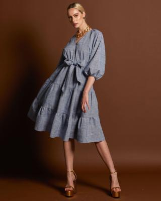 Landslide Raglan Blue Texture Tiered Midi Dress