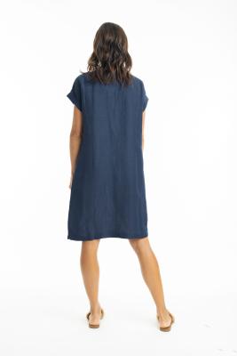 Navy Linen Cap Sleeve Shift Dress