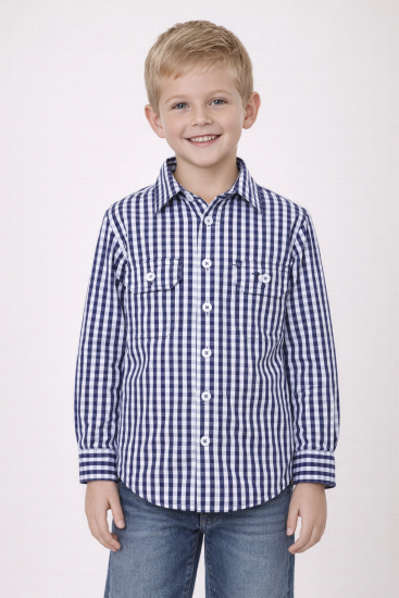 Navy and White Children's Check Lon Sleeve Shirt