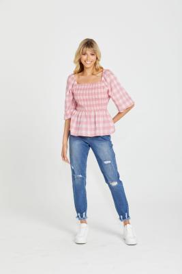 Sass Stevie Shirred Pink Check Top