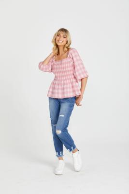 Sass Stevie Shirred Pink Check Top