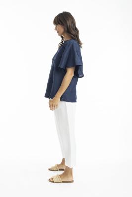 Navy Linen Chinese Collar Top with Wide Sleeve