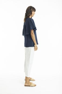 Navy Linen Chinese Collar Top with Wide Sleeve