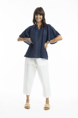 Navy Linen Chinese Collar Top with Wide Sleeve