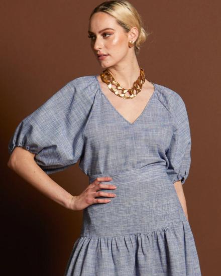 Landside Blue Texture Puff Sleeve Raglan Top