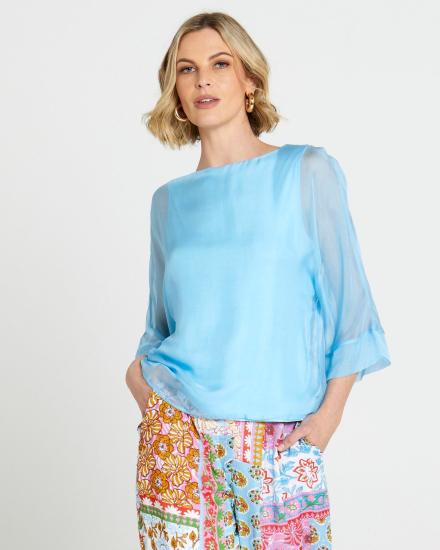 Fate + Becker To Her Door Blue Silk Kaftan Top