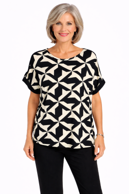 Black Geo Print Knit Top