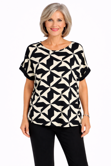 Black Geo Print Knit Top