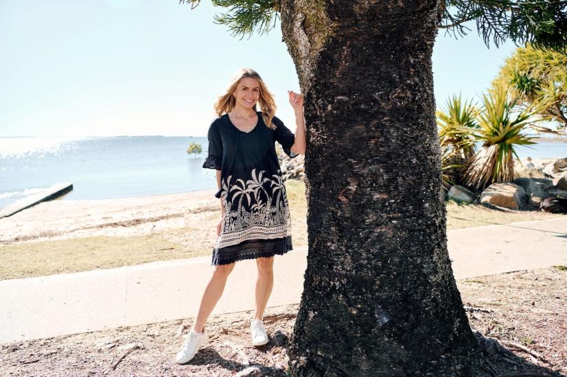 Hannah Navy Mono Border Tunic Boho Dress