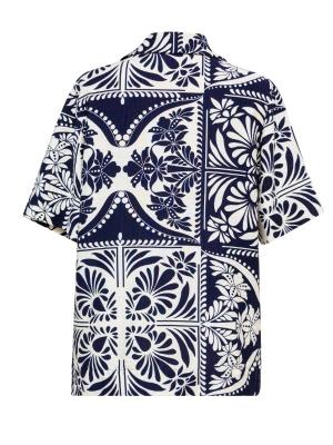 Navy and Cream Soft Crepe Print S/S Shirt