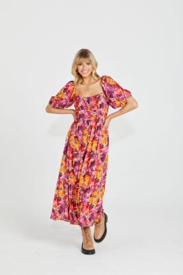 Yasmin Frill Hem Berry Floral Midi Dress