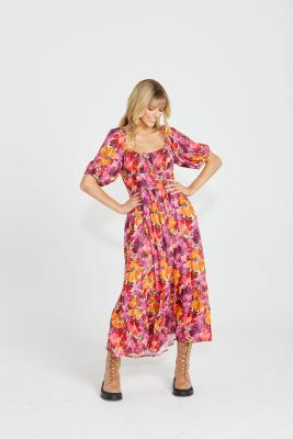 Yasmin Frill Hem Berry Floral Midi Dress