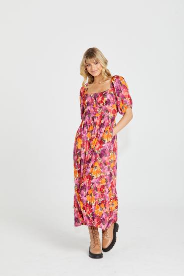Yasmin Frill Hem Berry Floral Midi Dress