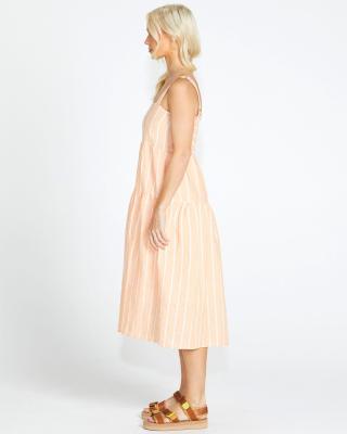 Lydia Peach Stripe Shirred Back Midi Dress