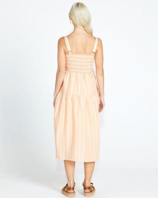 Lydia Peach Stripe Shirred Back Midi Dress