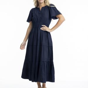 Navy Poplin Maxi Ruched Waist Dress