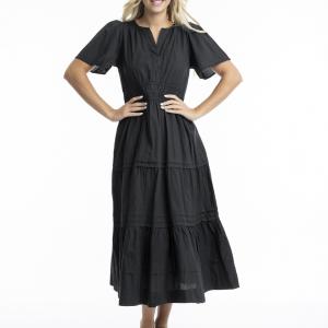 Black Poplin Maxi Ruched Waist Dress