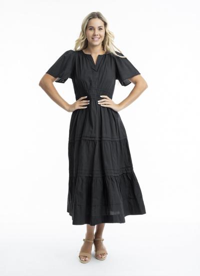 Black Poplin Maxi Ruched Waist Dress