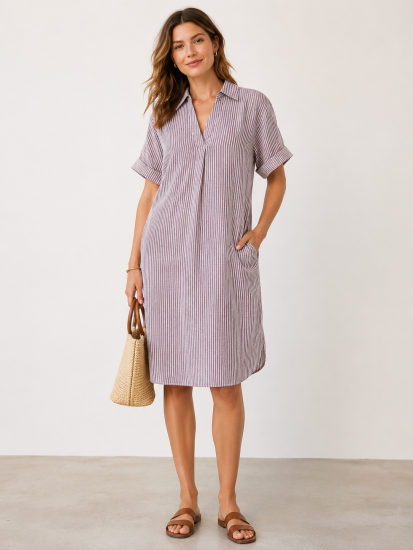 Coffee/Parchment Linen Stripe Dress