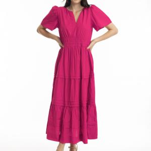 Hot Pink Poplin Maxi Ruched Waist Dress