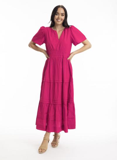 Hot Pink Poplin Maxi Ruched Waist Dress