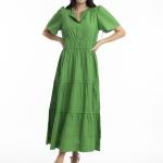 Parakeet Poplin Maxi Ruched Waist Dress