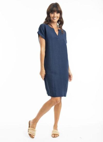 Navy Linen Cap Sleeve Shift Dress