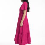 Hot Pink Poplin Maxi Ruched Waist Dress