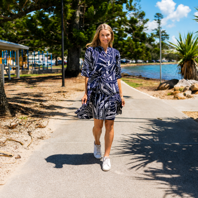 Maya Mono Jungle Navy V Neck Layer Dress