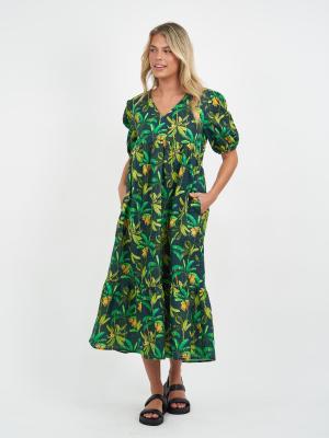 Green Forest Linen Print Vee Dress