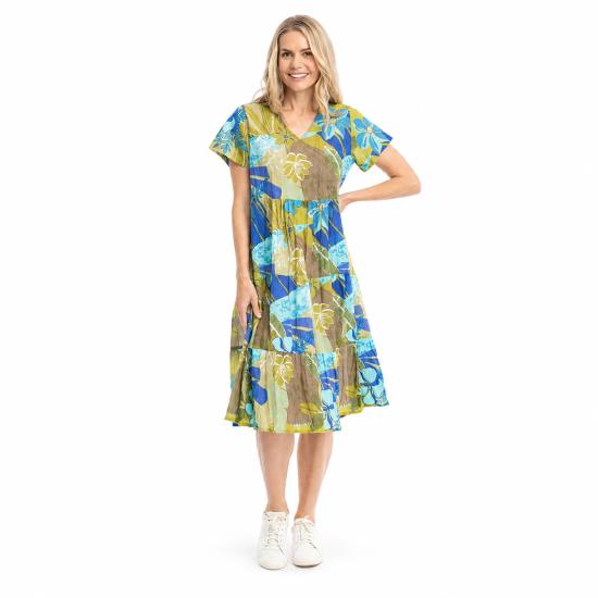 Thalia Olive Tropical Flowers Tiered Dress