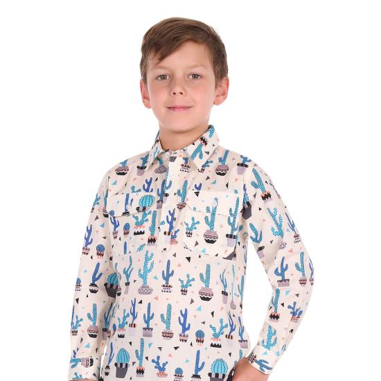 Rocky Cream/Blue Multi Kid's Half Placket Long Sleeve Shirt